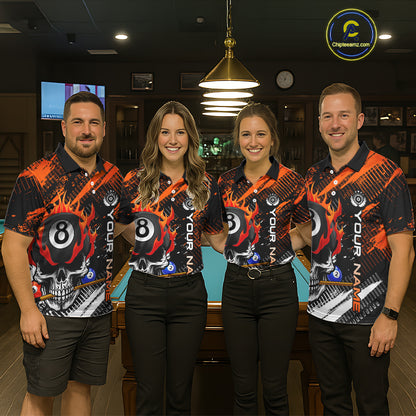 Personalized Name Billiard Skull Flame Polo Shirts For Men  Custom Team Name Billiard Shirt Design YYD0015