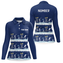 Load image into Gallery viewer, Winter Disc Golf Pattern Womans Disc Golf Polo Shirt Custom Name And Number Disc Golf Gifts For Woman | Dark Blue YYD0018