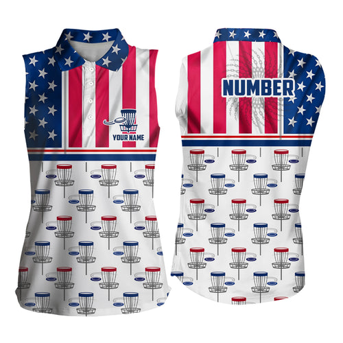 Disc Golf American Flag Womens Disc Golf Sleeveless Polo Shirts Custom Name And Number Disc Golf Gifts For Woman YYD0023