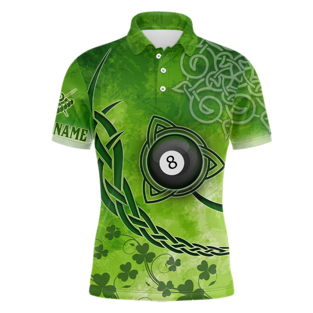 Billiard Celtic Irish Shamrock Polo Shirts For Men Custom Name Billiard Shirt Design | Green YYD0028