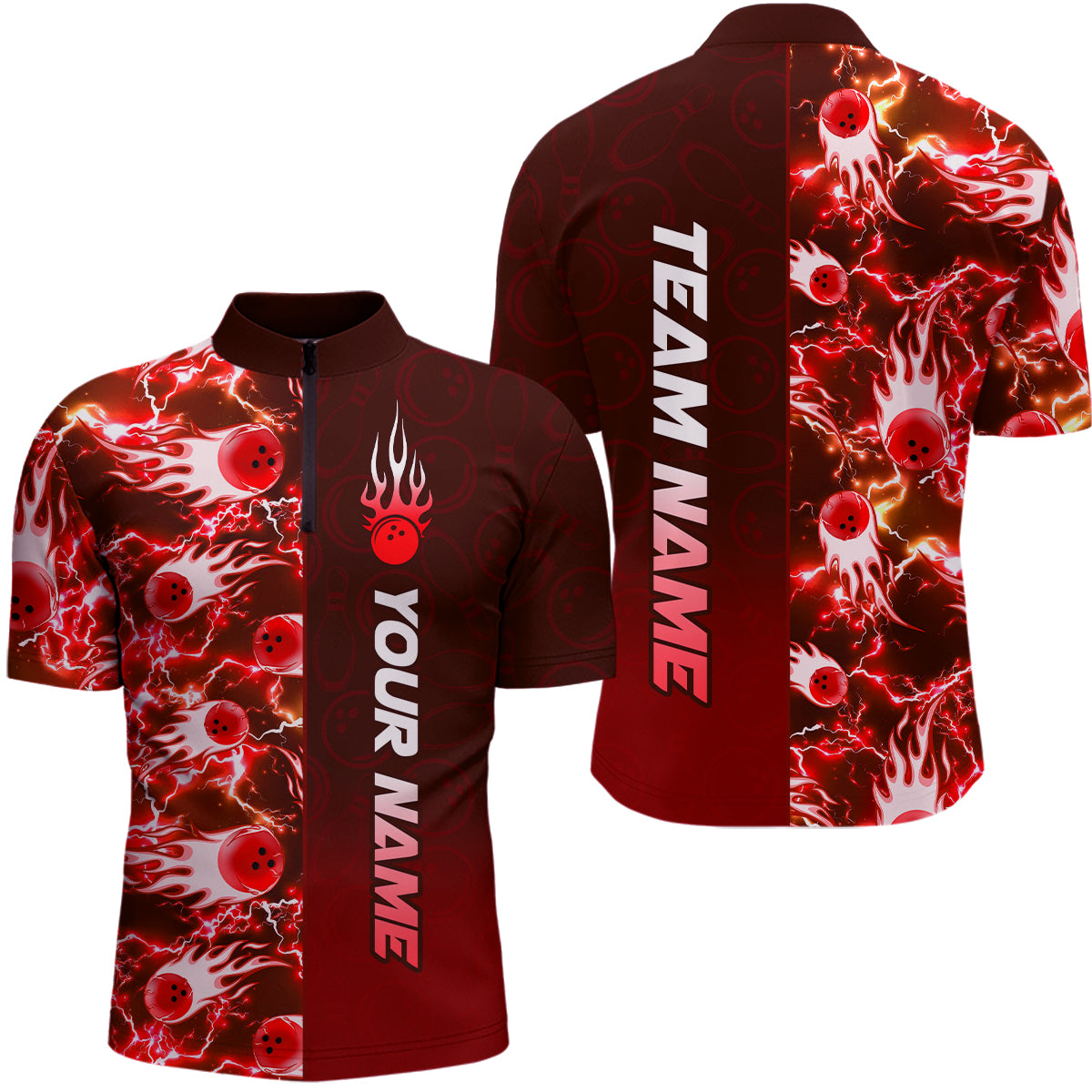 Bowling Quarter Zip Shirts For Men Custom Name Bowling Flame Lightning Team Jersey Shirt YYD0030