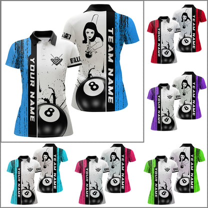 Ball 8 Grunge Ink Style Billiard Polo Shirts For Women Custom Name Billiard Shirt Colors YYD0069