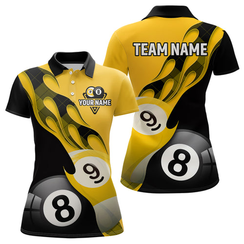 Personalized Flame 8 Ball & 9 Ball  Billiard Polo Shirts For Women Custom Name Billiard Shirt Design YYD0034