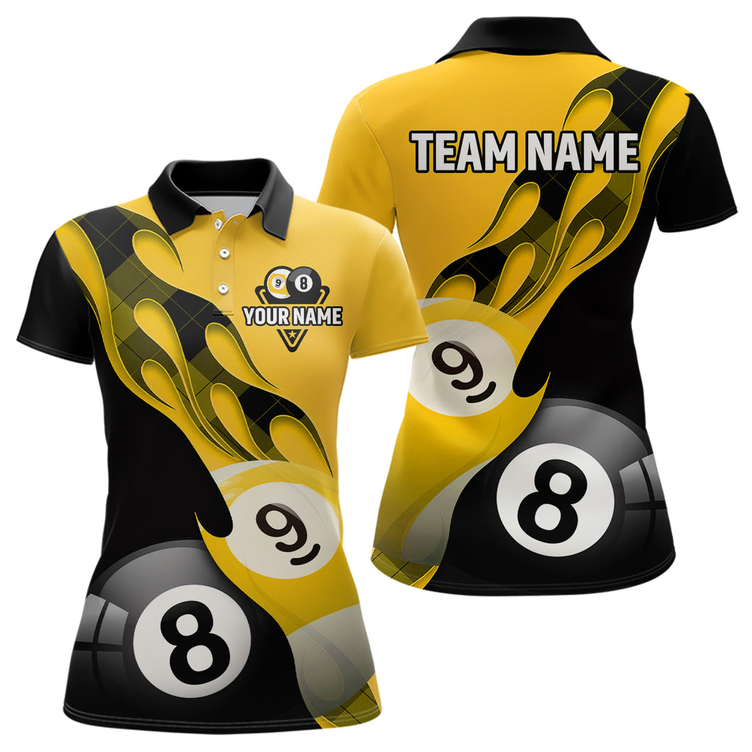 Personalized Flame 8 Ball & 9 Ball  Billiard Polo Shirts For Women Custom Name Billiard Shirt Design YYD0034