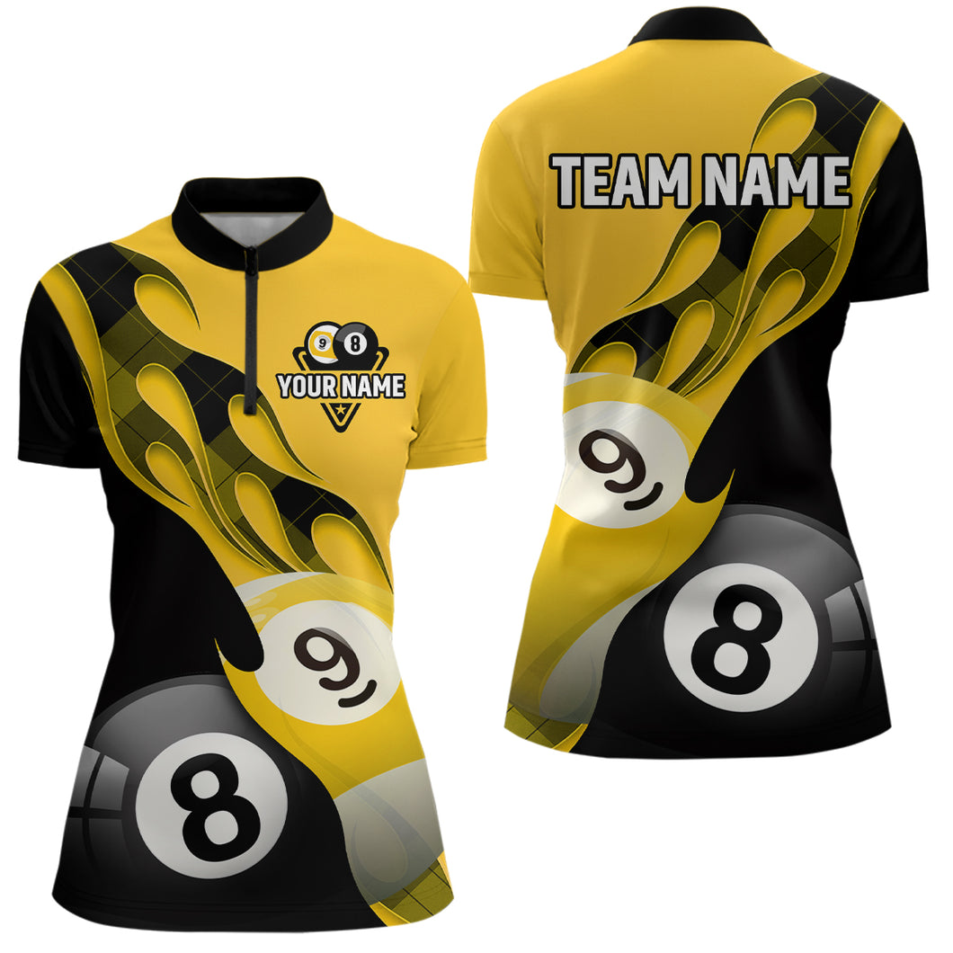 Personalized Flame 8 Ball & 9 Ball Billiard Women Quarter-Zip Shirts Custom Name Billiard Shirt Design YYD0034