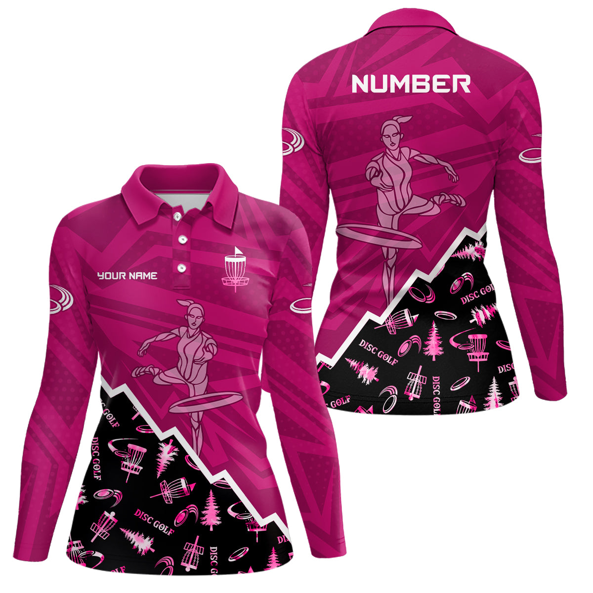 Pattern Color Womens Disc Golf Polo Shirt Custom Name & Number | Pink, Purple, Red YYD0045