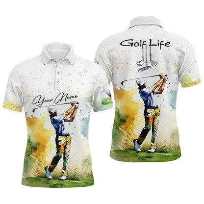 Golf Player Man Watercolor Golf Polo Shirts For Mens Custom Name, Golfer Watercolor Shirt Gifts YYD0051