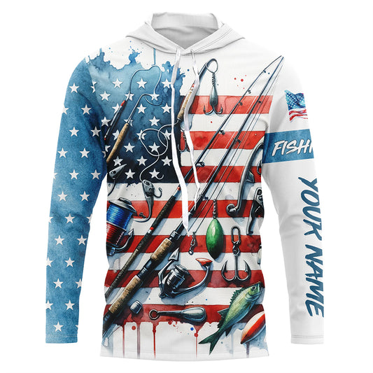 Front view of hooded fishing shirt with American flag, rods, hooks, lures and fish graphics