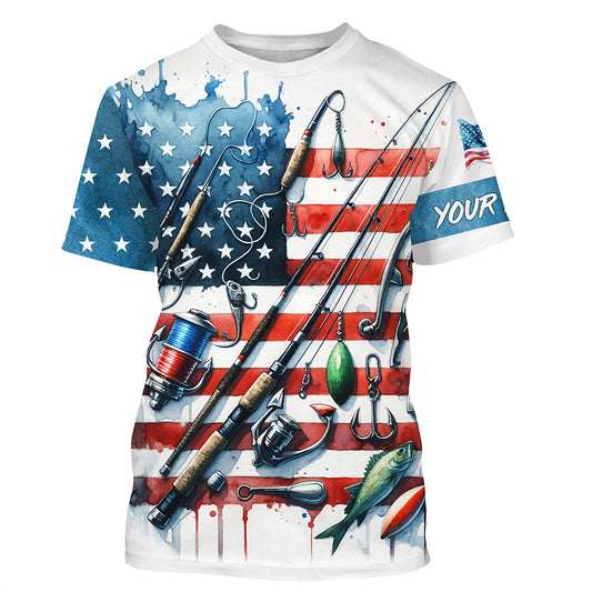 Front view of short-sleeve fishing shirt with American flag, fishing gear and fish artwork