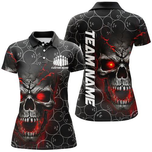 Custom Red Skull Bowling Polo Shirts For Women, Bowling Pattern Bowling Team Jerseys IPHW5234