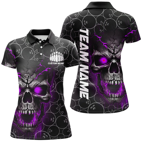 Custom Purple Skull Bowling Polo Shirts For Women, Bowling Pattern Bowling Team Jerseys IPHW5237