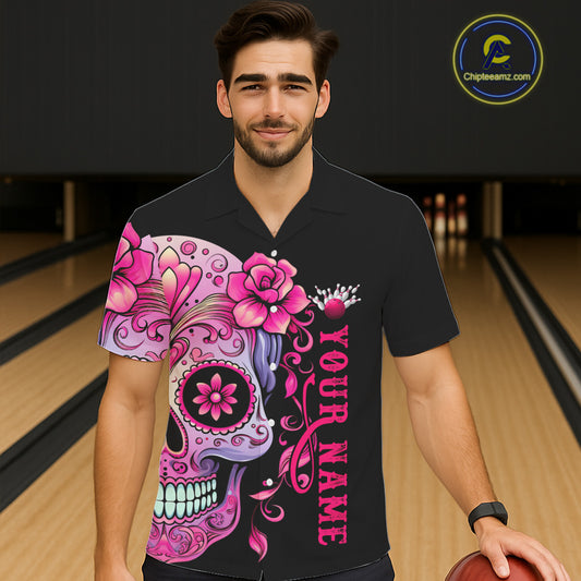 Pink Sugar Skull Tattoo Custom Men Bowling Hawaiian Shirts, Halloween Team Bowling Jerseys IPHW5243