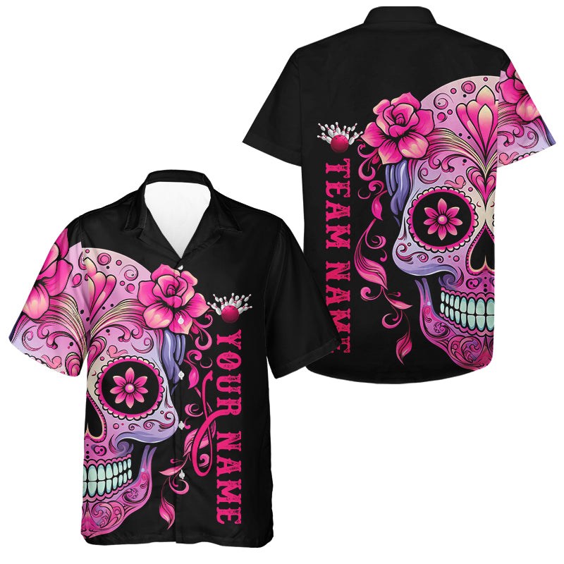 Pink Sugar Skull Tattoo Custom Men Bowling Hawaiian Shirts, Halloween Team Bowling Jerseys IPHW5243