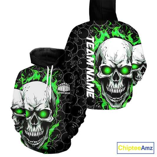 Custom Green Flame Skull Bowling Shirts For Men And Women, Bowling Team Hoodie Bowling Shirts IPHW5008