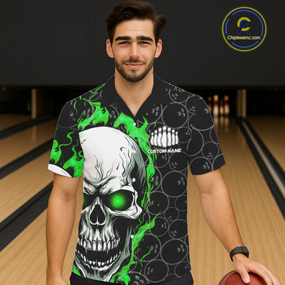 Custom Green Flame Skull Bowling Hawaiian Shirt For Men And Women, Halloween Bowler Jerseys IPHW5008