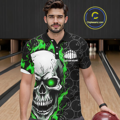 Personalized Skull Bowling Shirt For Men Custom Team'S Name Flame Bowler Jerseys |  Green IPHW5008