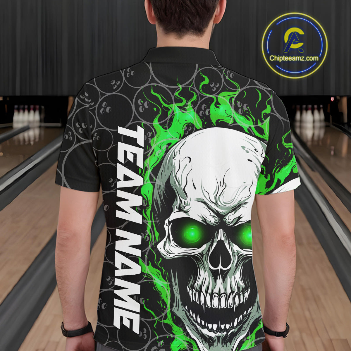 Personalized Skull Bowling Shirt For Men Custom Team'S Name Flame Bowler Jerseys |  Green IPHW5008