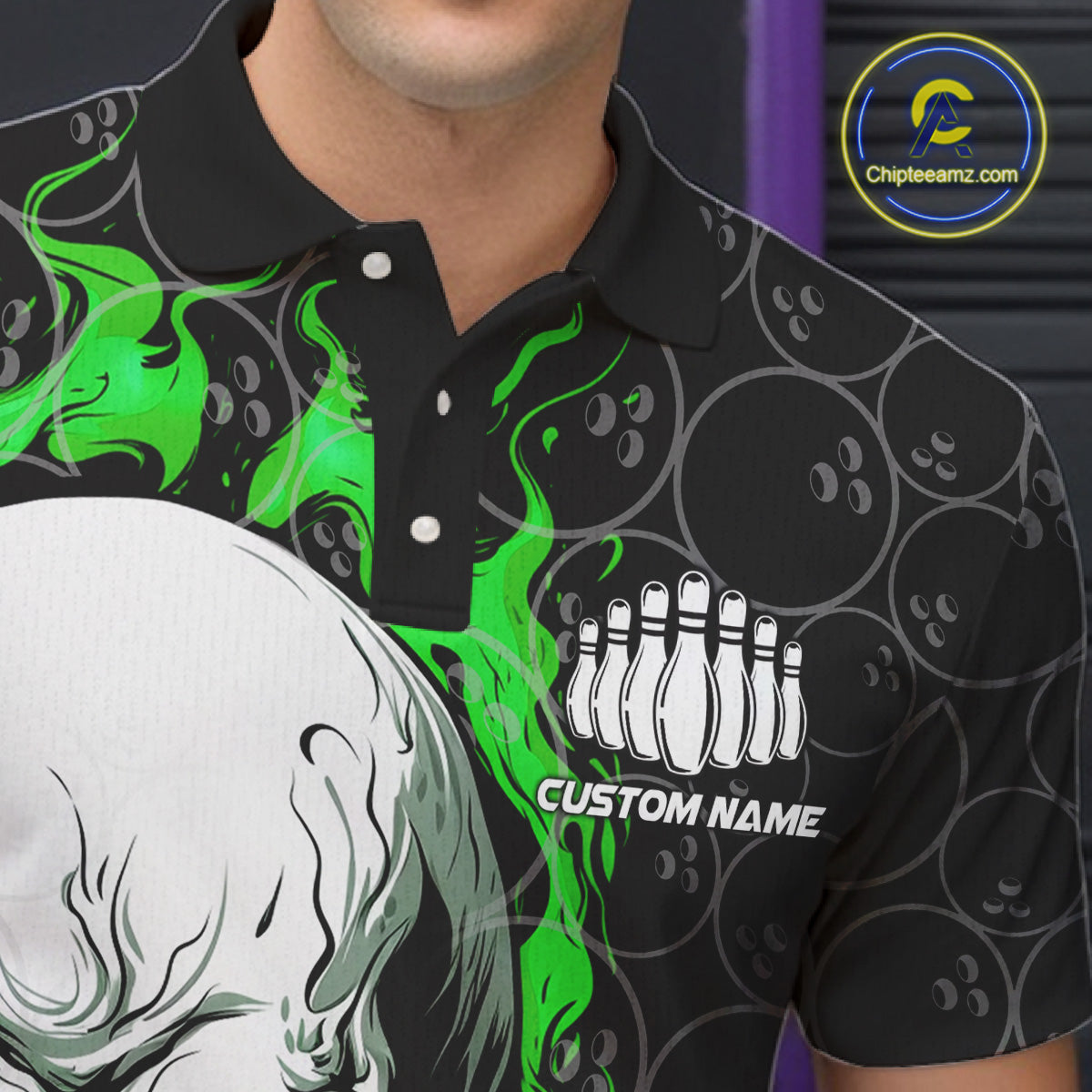 Personalized Skull Bowling Shirt For Men Custom Team'S Name Flame Bowler Jerseys |  Green IPHW5008