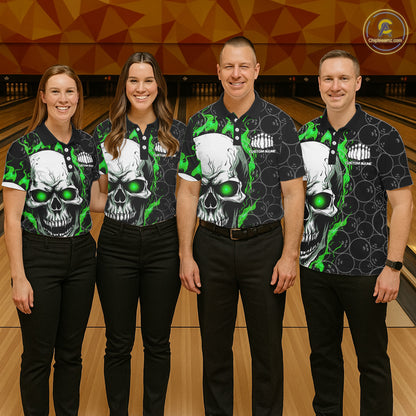 Personalized Skull Bowling Shirt For Men Custom Team'S Name Flame Bowler Jerseys |  Green IPHW5008