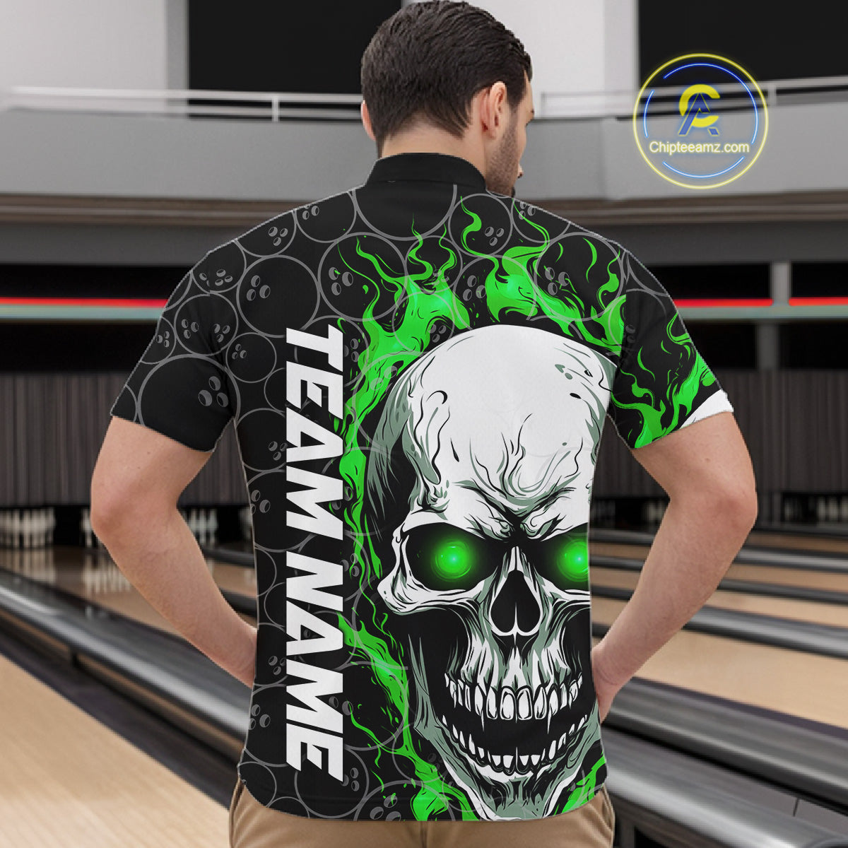 Personalized Skull Bowling Shirt For Men Custom Team'S Name Flame Bowler Jerseys |  Green IPHW5008