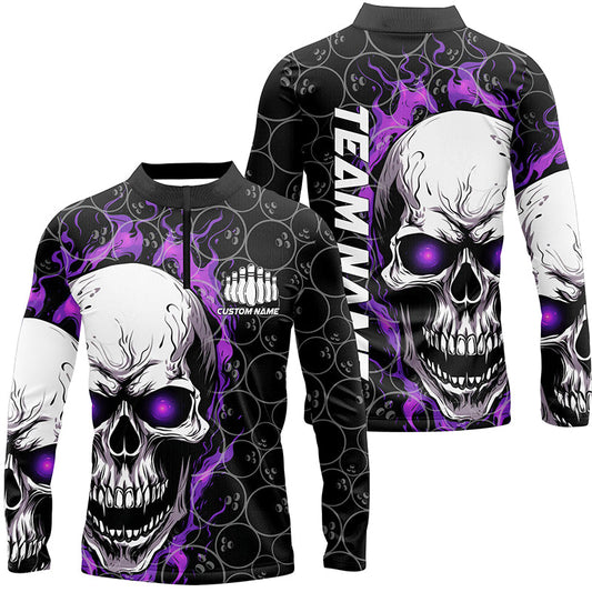 Custom Purple Flame Skull Bowling Shirts For Men, Bowling Team Long Sleeve Bowling Shirts IPHW5009