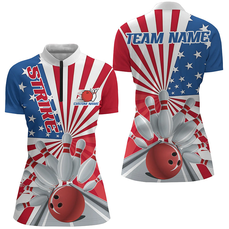 Custom Strike Bowling Shirts For Women, Patriotic Bowling Tournament Team Shirt IPHW6519