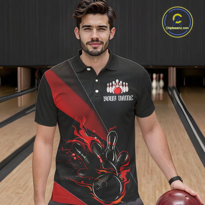 Black And Red Custom Name Bowling Tournament Jerseys For Men And Women, Bowling Team Shirts IPHW6185