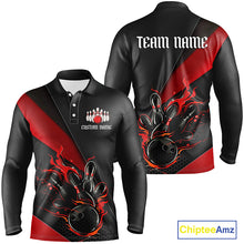 Load image into Gallery viewer, Red And Black Custom Flame Bowling Shirt For Men, Long Sleeve Bowling Team Shirts With Name IPHW6185