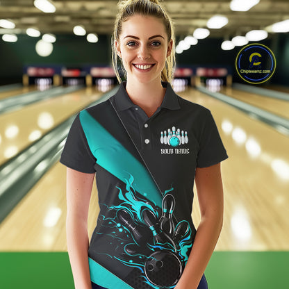 Black And Blue Custom Name Bowling Tournament Jerseys For Women, Bowling Team Shirts IPHW6186