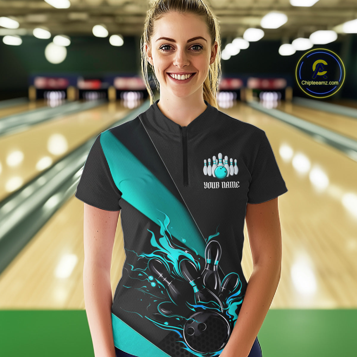 Black And Blue Custom Name Bowling Tournament Jerseys For Women, Bowling Team Shirts IPHW6186