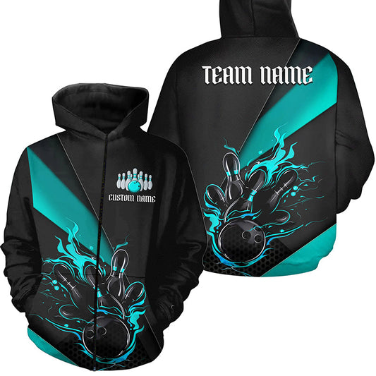 Blue And Black Custom Flame Bowling Shirt For Men And Women, Hoodie Bowling Team Shirts With Name IPHW6186
