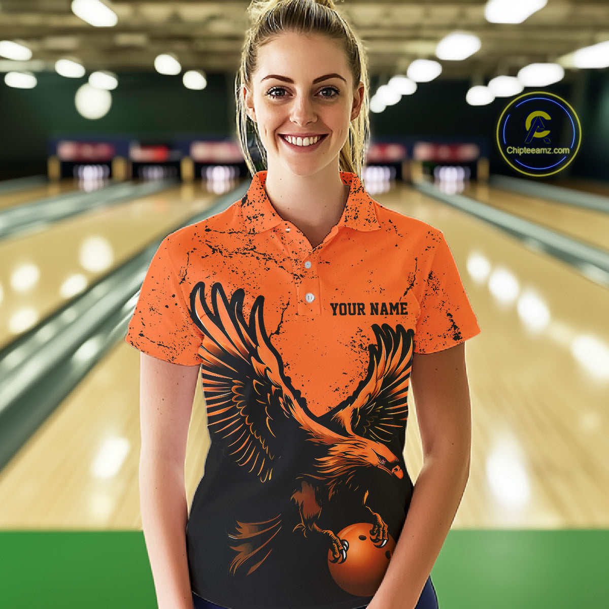 Custom Orange Eagle Women Bowling Polo Shirts Grunge Vintage Bowling Team Jerseys Outfits IPHW5343