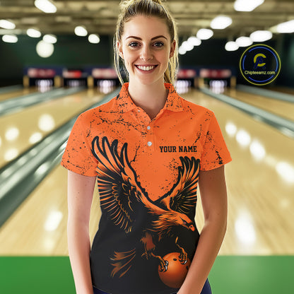 Custom Orange Eagle Women Bowling Polo Shirts Grunge Vintage Bowling Team Jerseys Outfits IPHW5343