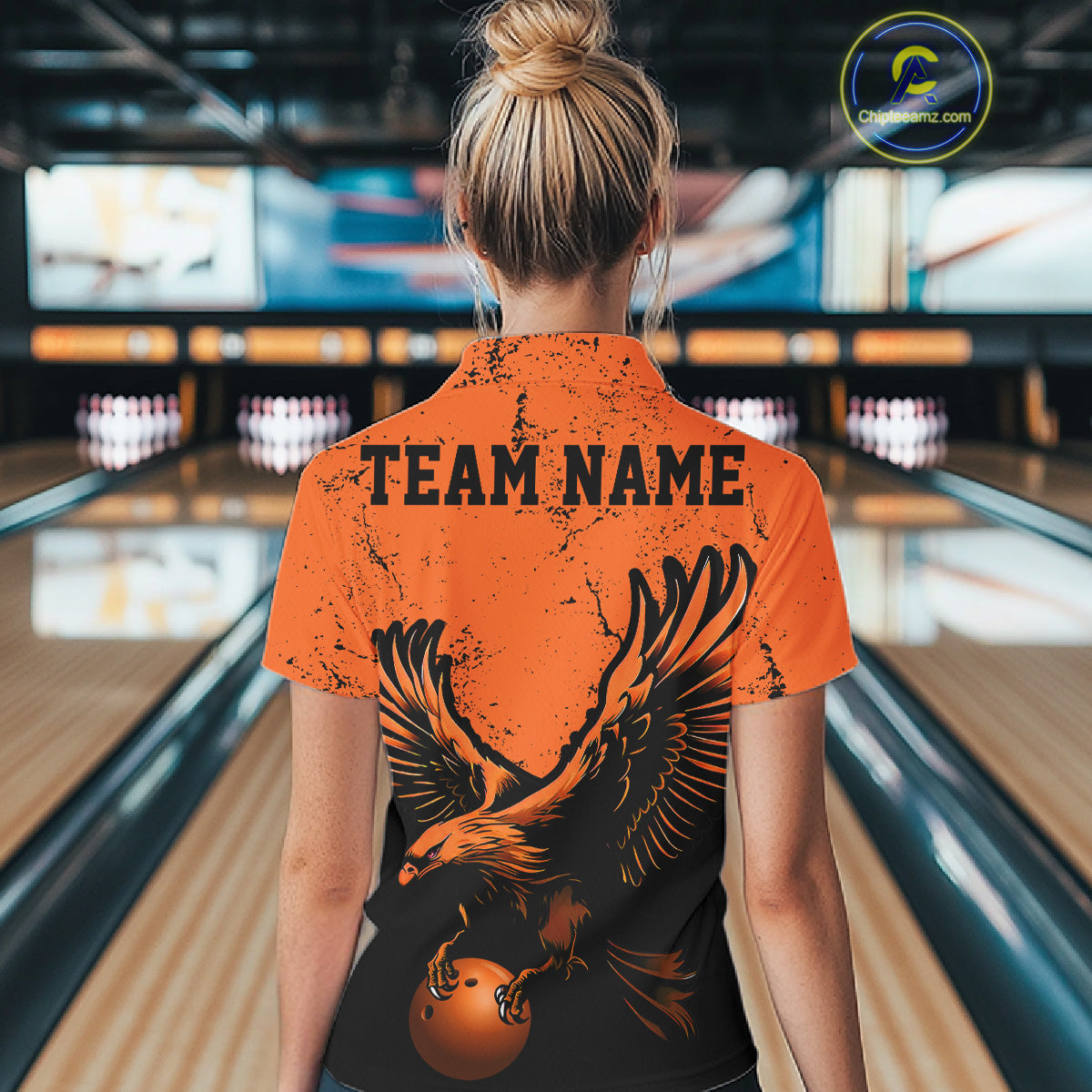 Custom Orange Eagle Women Bowling Polo Shirts Grunge Vintage Bowling Team Jerseys Outfits IPHW5343