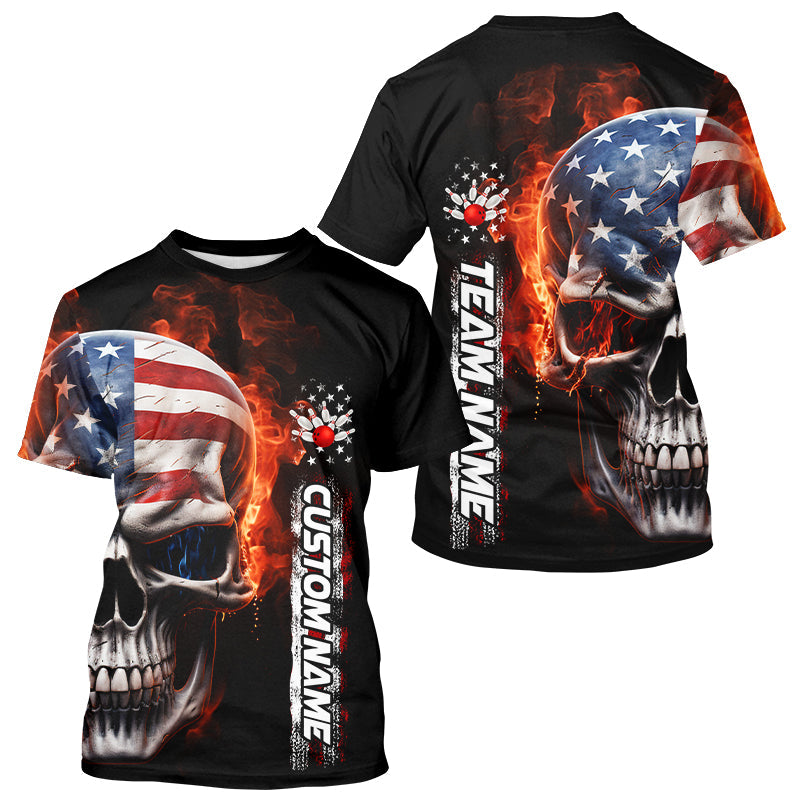 Flame Skull American Flag Custom Team Bowling T-Shirts For Men, Patriotic Bowling Jersey IPHW5179