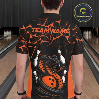 Custom Black And Orange Cobra Snake Bowling Jerseys, Bowling Team Men Polo Shirts IPHW9040