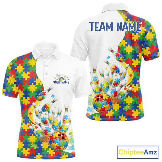 Men’s bowling polo shirt mockup front and back showcasing colorful autism-themed bowling strikes with vibrant puzzle-inspired artwork on white shirt