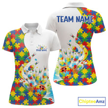 Load image into Gallery viewer, Women’s polo shirt mockup front and back featuring colorful autism bowling strike theme with puzzle-inspired design elements