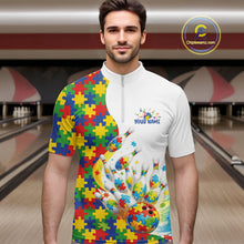 Load image into Gallery viewer, In Bowling Lane, Front View Male Model Wearing Quarter-Zip Shirt Showcasing Autism Bowling Strike Graphics And Vibrant Puzzle-Inspired Illustration