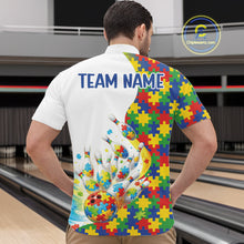 Load image into Gallery viewer, At Bowling Venue, Front View Male Model In Quarter-Zip Bowling Shirt Featuring Autism-Themed Bowling Strike Artwork And Multicolor Puzzle Design