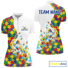 Load image into Gallery viewer, Front and back view of a women’s quarter-zip bowling shirt mockup featuring colorful autism-themed bowling strikes and puzzle-inspired design elements.