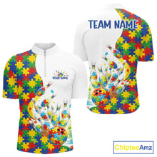 Load image into Gallery viewer, Front And Back View Of Mens Bowling Quarter-Zip Shirt Mockup Featuring Colorful Autism-Themed Bowling Strike Illustration With Puzzle Pattern Artwork