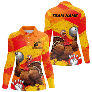 Orange And Yellow Custom Funny Turkey Ladies Bowling Shirts, Thanksgiving Bowling Outfits IPHW7882