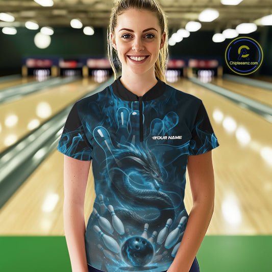 Custom Blue Flame Dragon Bowling Women Quarter-Zip Shirts, Dragon Bowling League Shirt IPHW10224