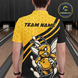 Custom Black And Yellow Bee Bowling Men Polo Shirts, Honeycomb Bowling Team Shirt IPHW9044