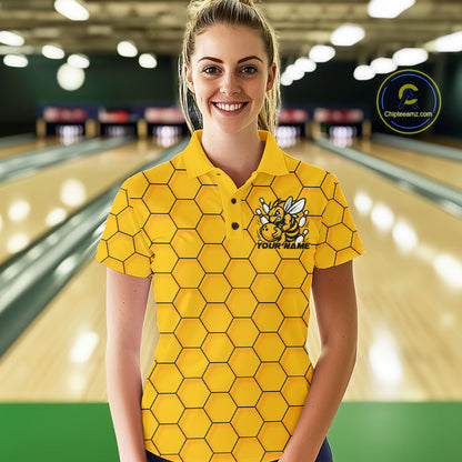 Custom Honeycomb Pattern Bee Bowling Team Women Polo Shirts, Bowling League Shirts IPHW9045