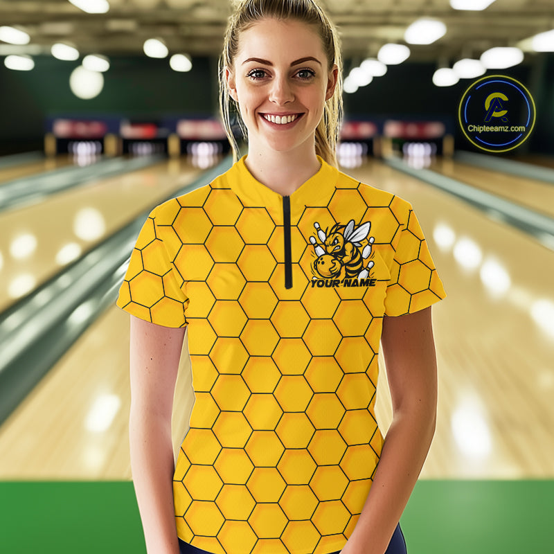 Custom Honeycomb Pattern Bee Bowling Team Women Quarter-Zip Shirts, Bowling League Shirts IPHW9045