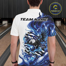 Load image into Gallery viewer, Male model back view in a bowling lane wearing a white and blue bowling polo shirt with eagle graphics and flowing flag inspired artwork.