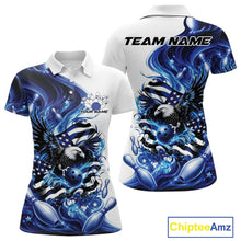 Load image into Gallery viewer, Front and back white and blue women’s polo shirt mockup featuring eagle artwork, bowling elements, and flowing American flag inspired accents.