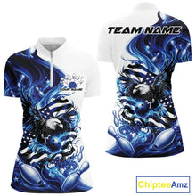 Load image into Gallery viewer, Front and back white and blue women’s bowling quarter zip mockup featuring eagle graphics, bowling elements, and flowing flag inspired artwork.